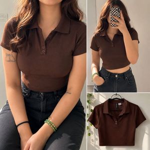H&M Brown Ribbed Polo Crop Top | Size