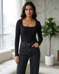Classic Black Long Sleeve Square Neck Top