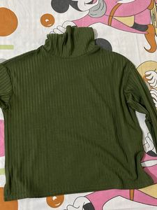 Olive Green Ribbed Turtleneck Top