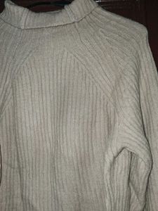 Beige Ribbed Knit Turtleneck Sweater