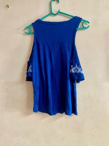 Blue Cold Shoulder Top with White Embroidery