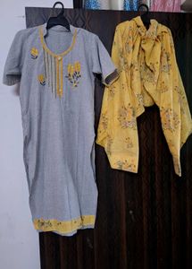 Grey Kurta with Yellow Floral Dupatta Set