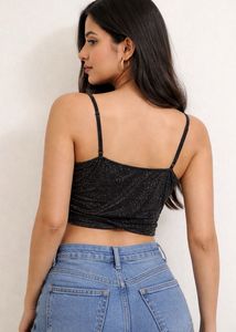 Sparkling Black Twist Front Crop Top