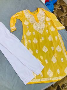 lucknawi chikenkari Yellow Embroidered Kurta Set