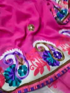 wool work Pink Embroidered Saree