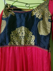 Elegant Pink &amp; Navy Embroidered Gown