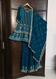 Teal Green Full Embroidery Chinon Silk Sharara Set