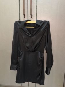 Black Satin Mini Shirt Dress