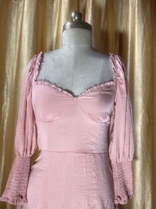 Pink Smocked Sleeve Sweetheart Neck Dress