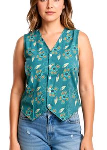 Boho Blue Floral Button-Up Vest