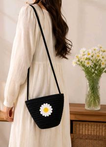 Chic Black Daisy Crochet Crossbody Bag