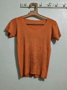 Orange Ribbed V-Neck Top