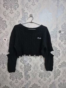 Black Cropped Cable Knit Sweater