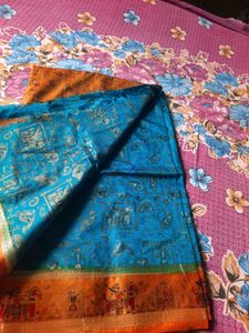 Vibrant Orange and Blue Silk Saree