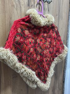 Red Embroidered Poncho with Fur Trim