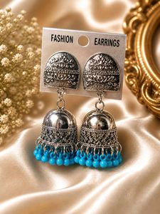Boho Jhumka Earrings with Blue Beads
