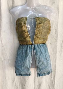 Unique Denim & Burlap Strapless Top