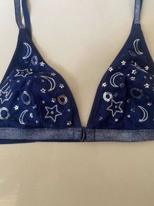 Navy Blue Star &amp; Moon Print Bra
