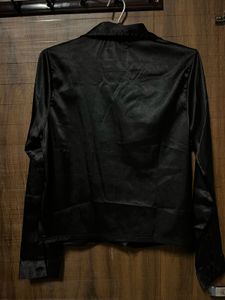 Elegant Black Satin Button-Up Ruched Shirt