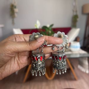 Red &amp; Silver Jhumka Earrings