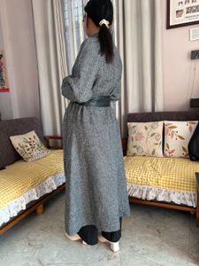 Grey long wrap coat