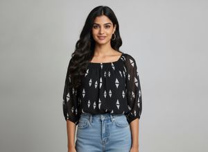 Chic Black & White Geometric Print Off-shoulder To