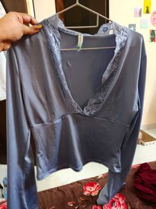 Elegant Lace Trimmed Blue Top