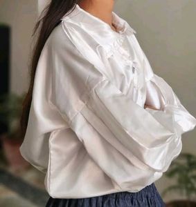 Elegant White Button-Down shirt with denim skirt