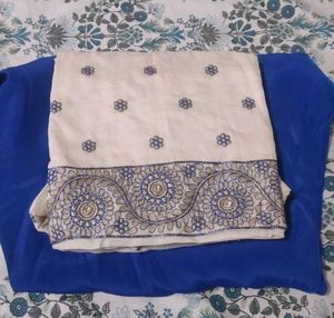 Price dropped Embroidered Cream & Blue Sari