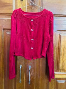 Chic Red Pleated Button-Up Top