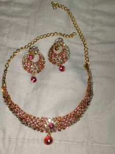 Exquisite Pink Stone Necklace &amp; Earring Set