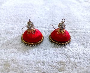 Red Silk Thread Jhumka Earrings