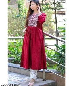 Red Embroidered Kurta with White Pants