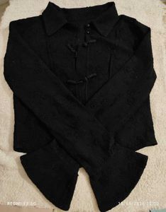Black Embroidered Mandarin Collar Blouse