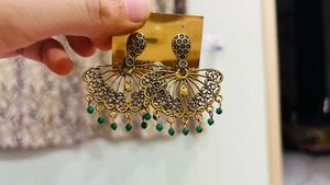 Gold Peacock Earrings with Green Beads