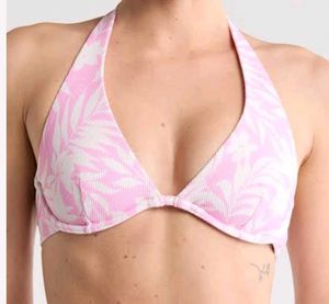 Pink Leaf Print Halter Bikini Top