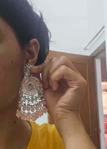 Pink Jhumka Earrings with Pearls
