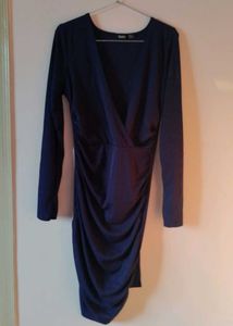 Chic Ruched Navy Blue Wrap Dress