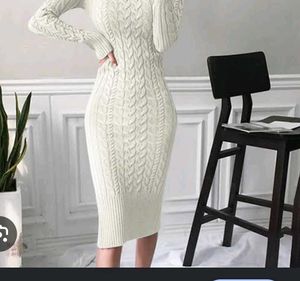 Cream Cable Knit Turtleneck Sweater Dress