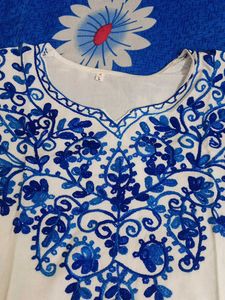 White Kurta with Blue Embroidery