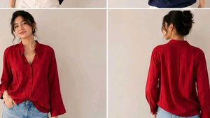 Chic Red Long Sleeve V-Neck Blouse