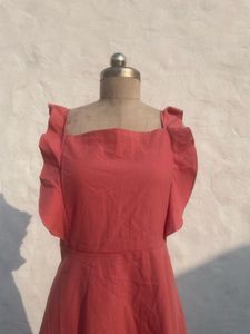 Coral Square Neck Ruffle Dress