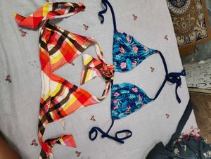 Tropical &amp; Plaid Bikini Tops Set