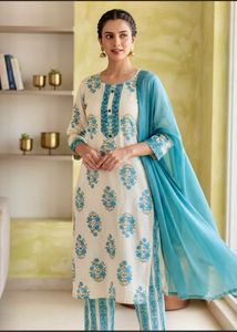 Elegant Cream & Sky Blue Floral Kurta Set