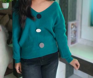 Stylish Teal Button-Accent Sweater