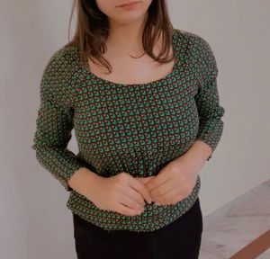 Green Geometric Print Long Sleeve Top