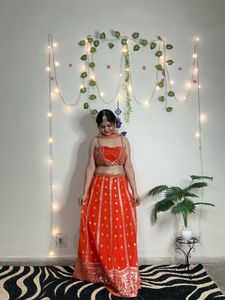 Vibrant Orange Sequin Lehenga Choli(semi stitched)