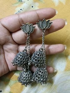 Bohemian Silver Lotus Jhumka Earrings