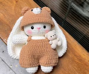 Crocheted Bunny Toy with Bear Hat