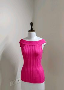 Off Shoulder Hot Pink Ribbed Top
